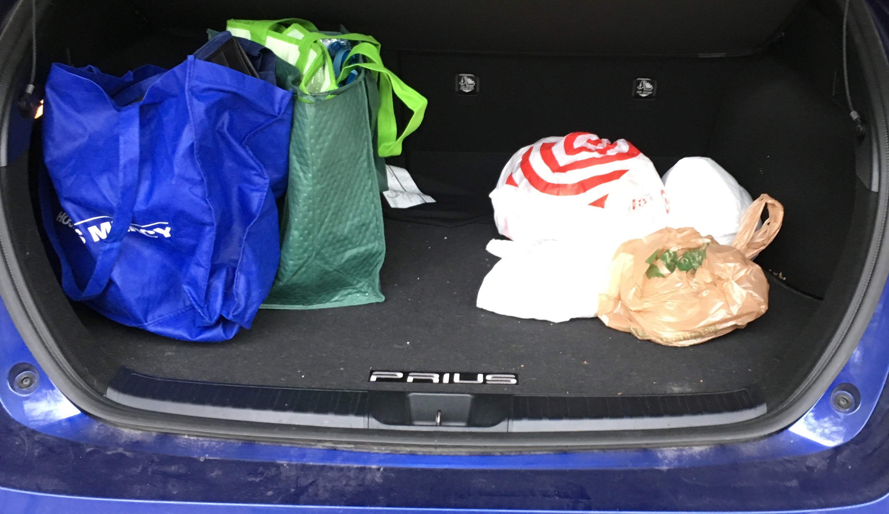 Trunk with two bags of reusable bags and several bags of plastic bags